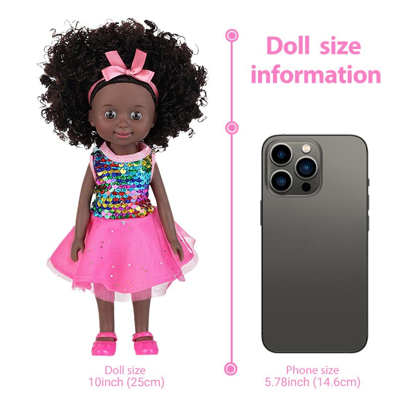 Black Baby Doll, 10 inch American African Girl Doll with Dress, Realistic Reborn for Kids Aged 2 3 4 5 6, Silicone Small Toy Curly Hair Birthday Gift, Brown