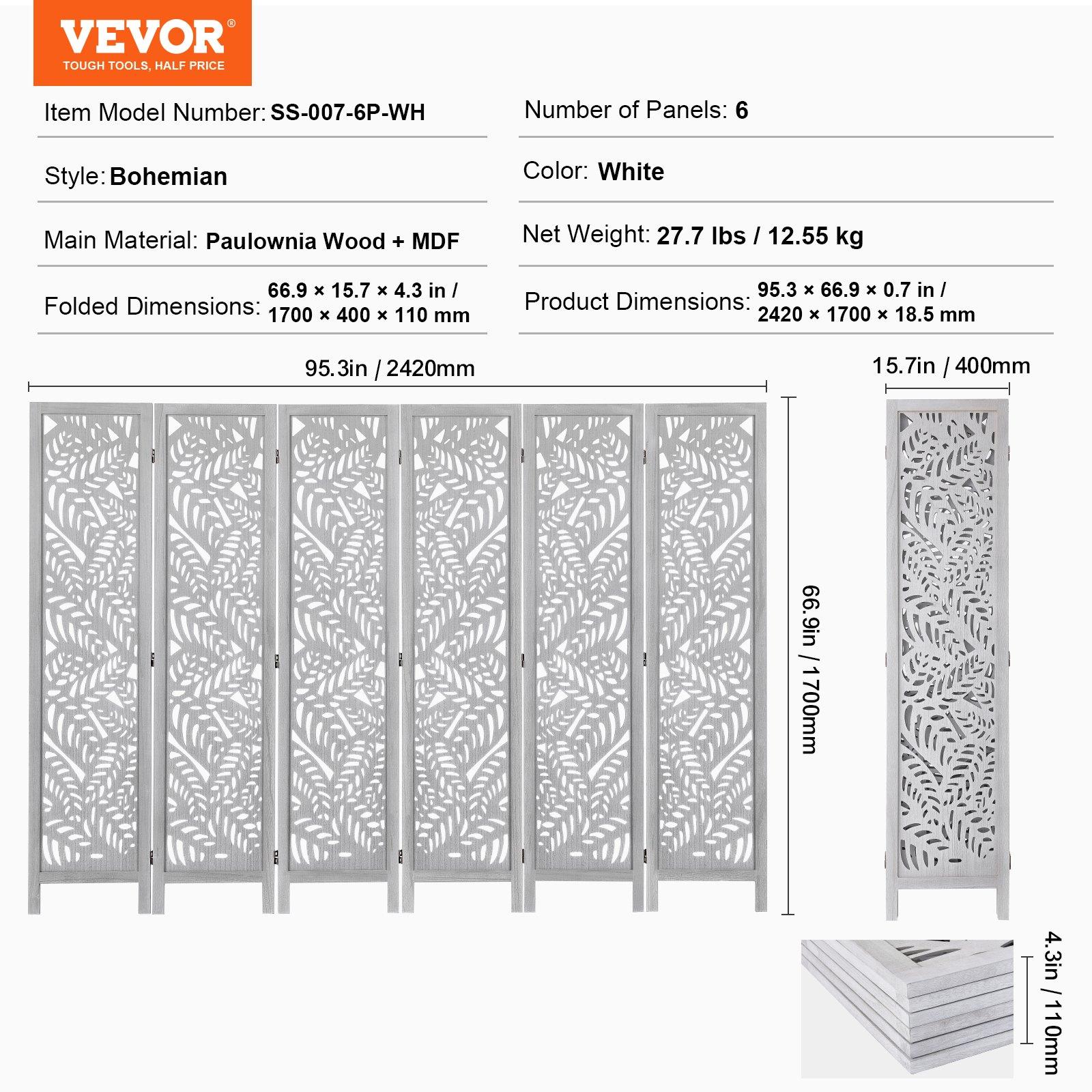 VEVOR Wood Room Divider - 6-Panel Carved Folding Privacy Screen, 66.9 in Tall Indoor Partition with Wood Panel Wall, Rectangular Form, Portable Setup for Home, Office