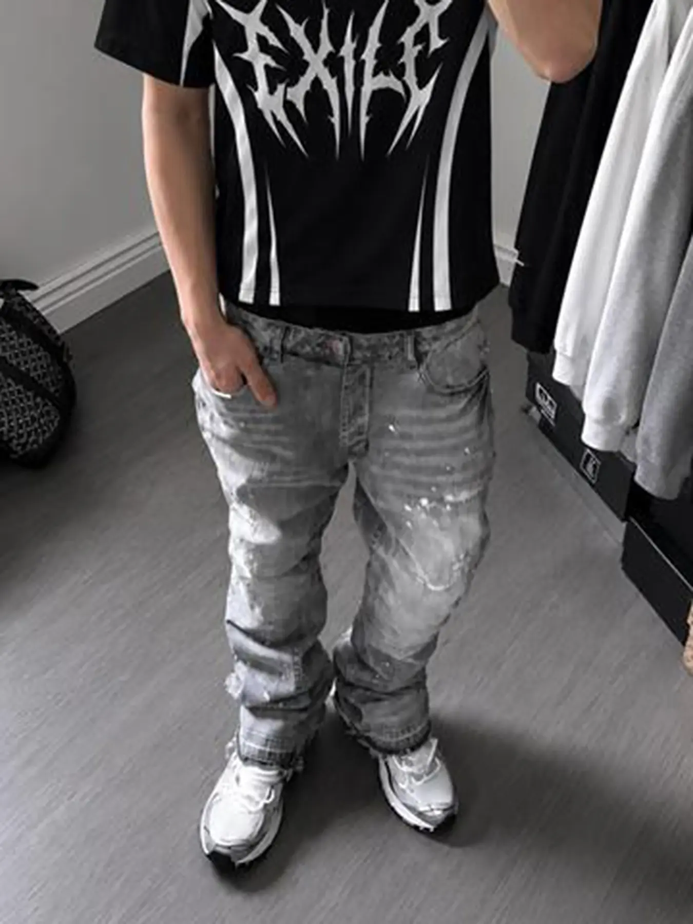 Men's Washed Ink Splatter Jeans, Micro Flare Pants, Ripped Patchwork Bell Bottoms, Y2K Stacked Denim, All-Season Wearable