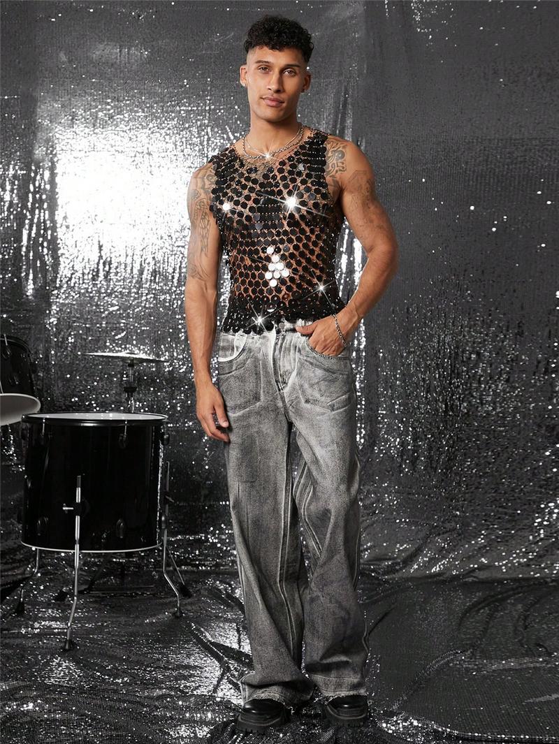 Mens Sparkly Mesh Tank Top Rhinestone See Through Clubwear Sexy Hollow Out Party Outfit Festival Stage Fashion Statement