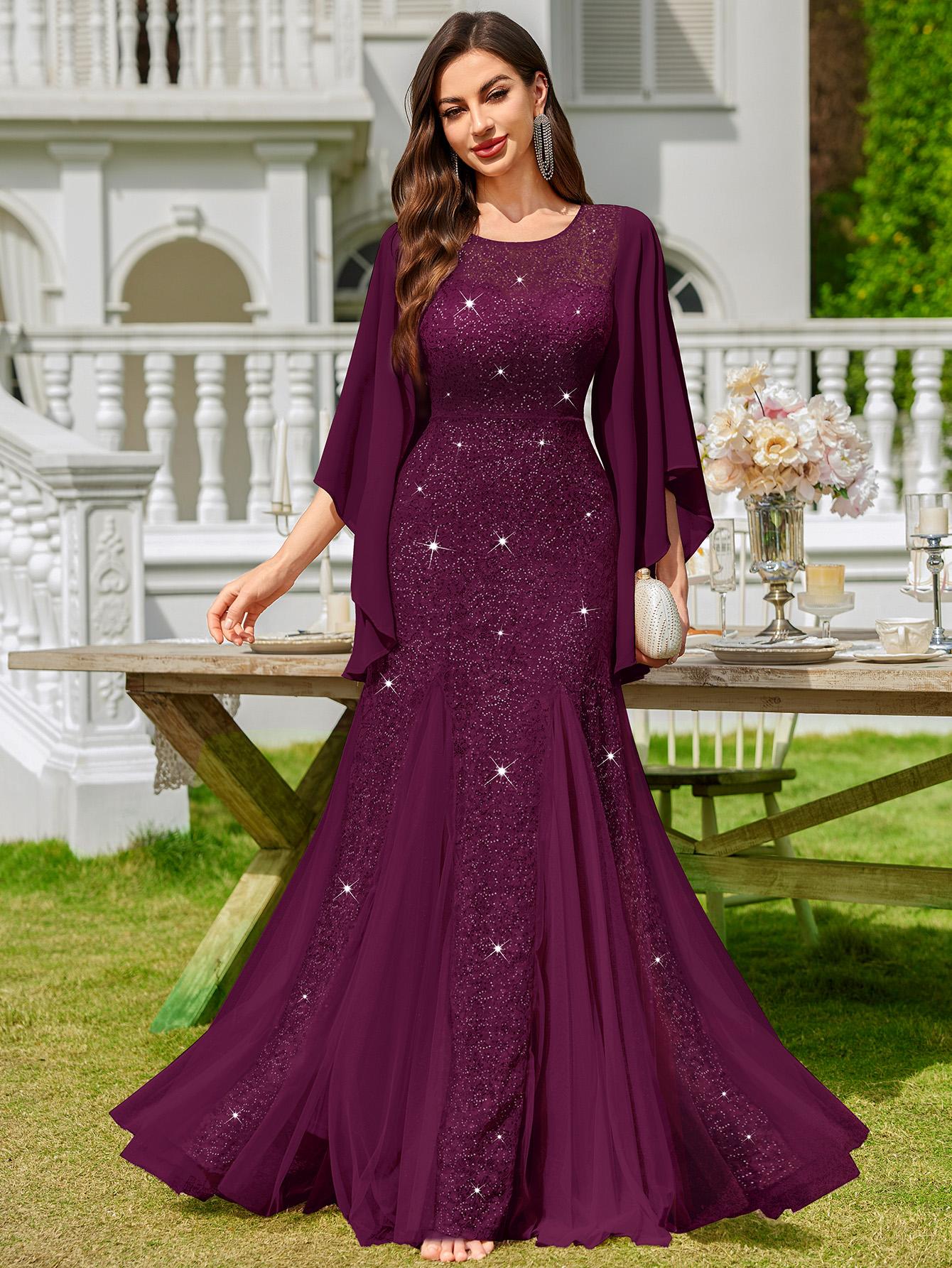 MIUSOL 24438A Women's Sequin Lace Tulle Hem Formal Evening Mermaid Hem Maxi Dress