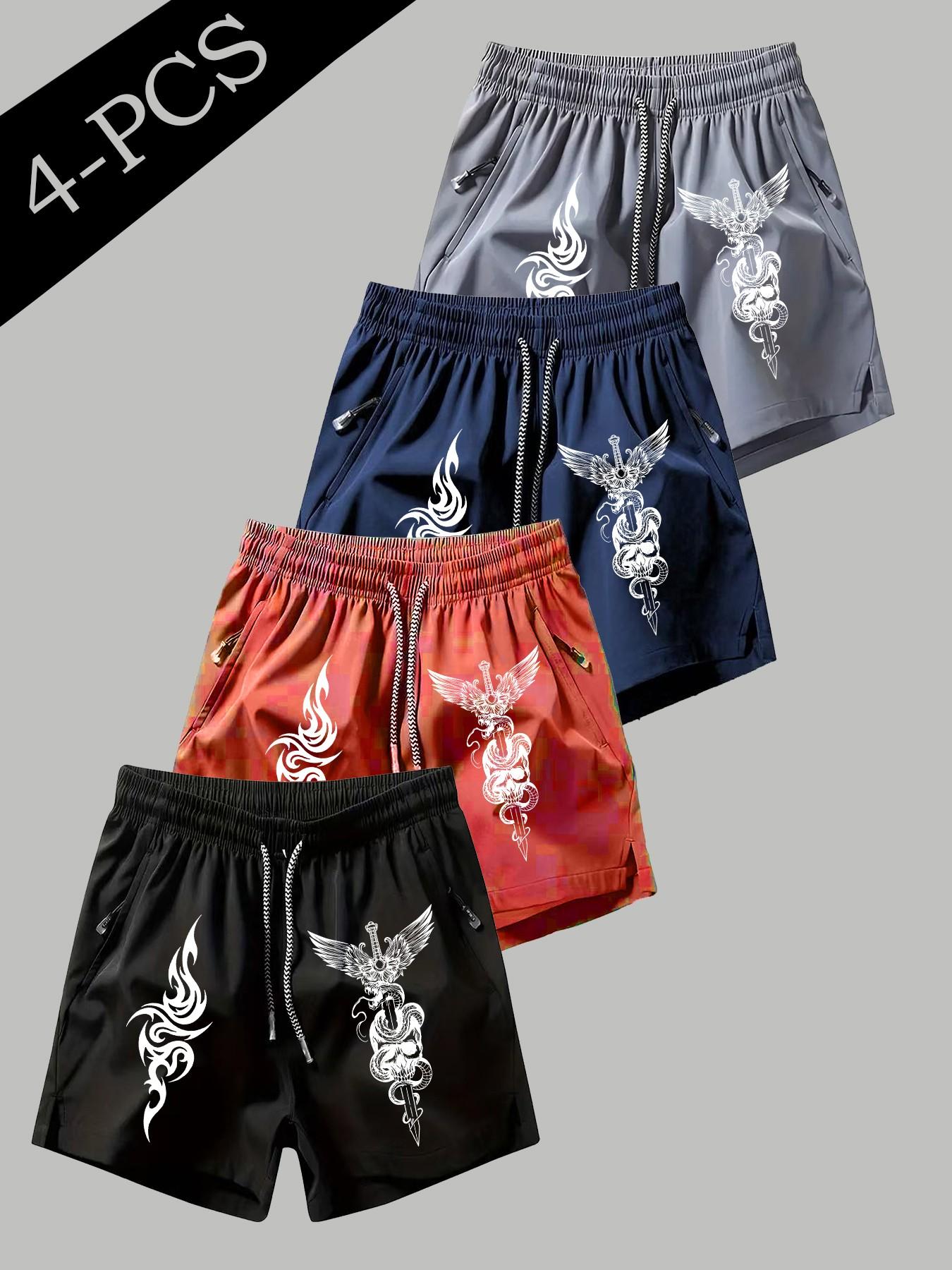 4 Pcs Men's Skull Snake Print Shorts, Drawstring Waist, Zip Pocket, Breathable Lightweight, Sporty Slim Fit, All Seasons
