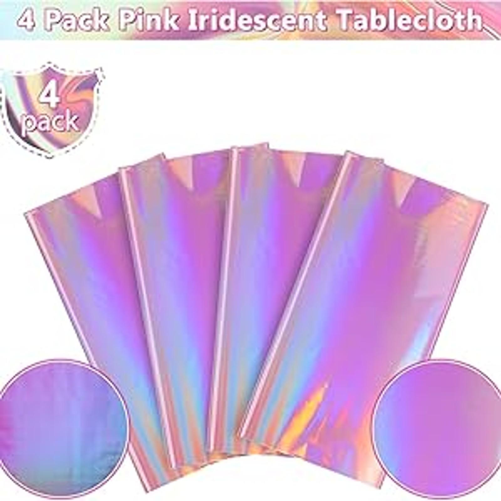 4 Pack Iridescent Pink Plastic Tablecloths, Shiny Disposable Laser Rectangle Table Covers, Holographic Foil Tablecloth Iridescent Party Decorations for Kpop Birthday Wedding Xmas, 54x108Inch