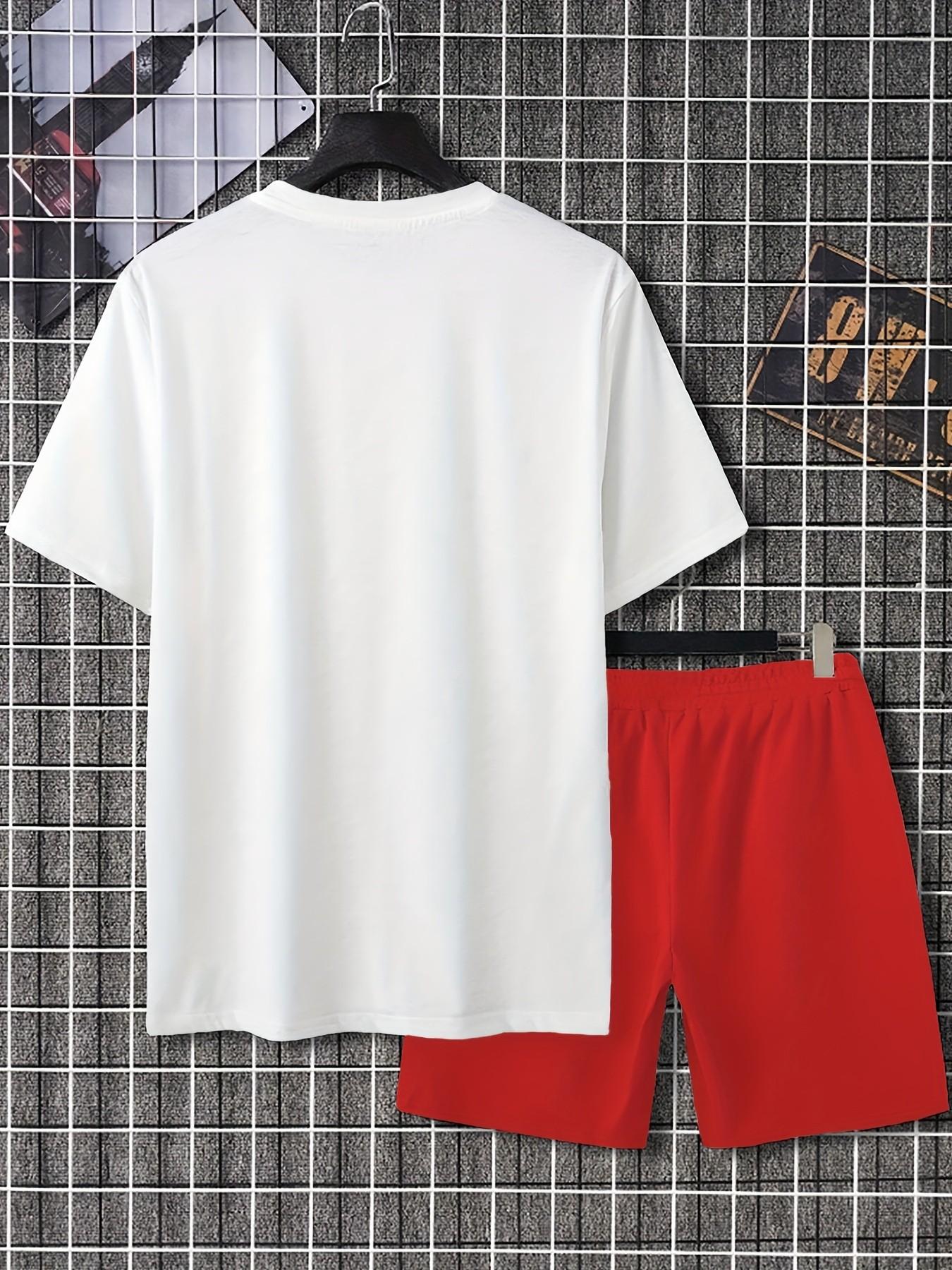 Summer Breathable Two-Piece Set, Cartoon Pattern Round Neck T-Shirt and Drawstring Shorts, Ideal for Outdoor Activities and Backpack Travel