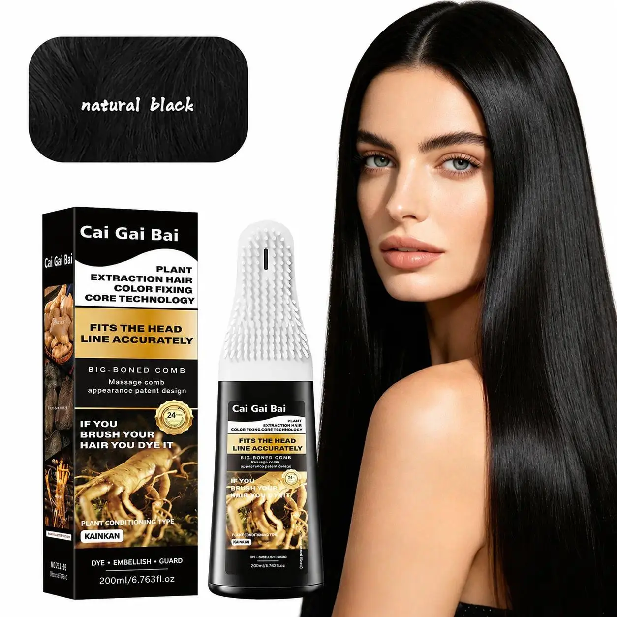 Natural Black Plant Hair Color Comb Dye Kit 200ml, Built-In Massage Comb, Natural Plant Extract With Ginseng Ginger Gentle Conditioning Permanent Hair Dye, Anti-Fade Haircare Hair Color For Gray Root & Full White Hair Coverage, Easy DIY At Home