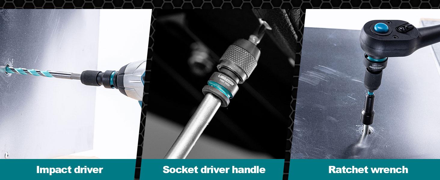 LIBRATON Impact to 1/4 Hex Converter, 1/2 3/8 1/4-INCH Drive Female to 1/4-Inch Hex Adapter, Impact Wrench Adapters for Ratchet Wrench Drivers, Impact Bit Holders, Quick-Change Chuck, Cr-Mo Steel