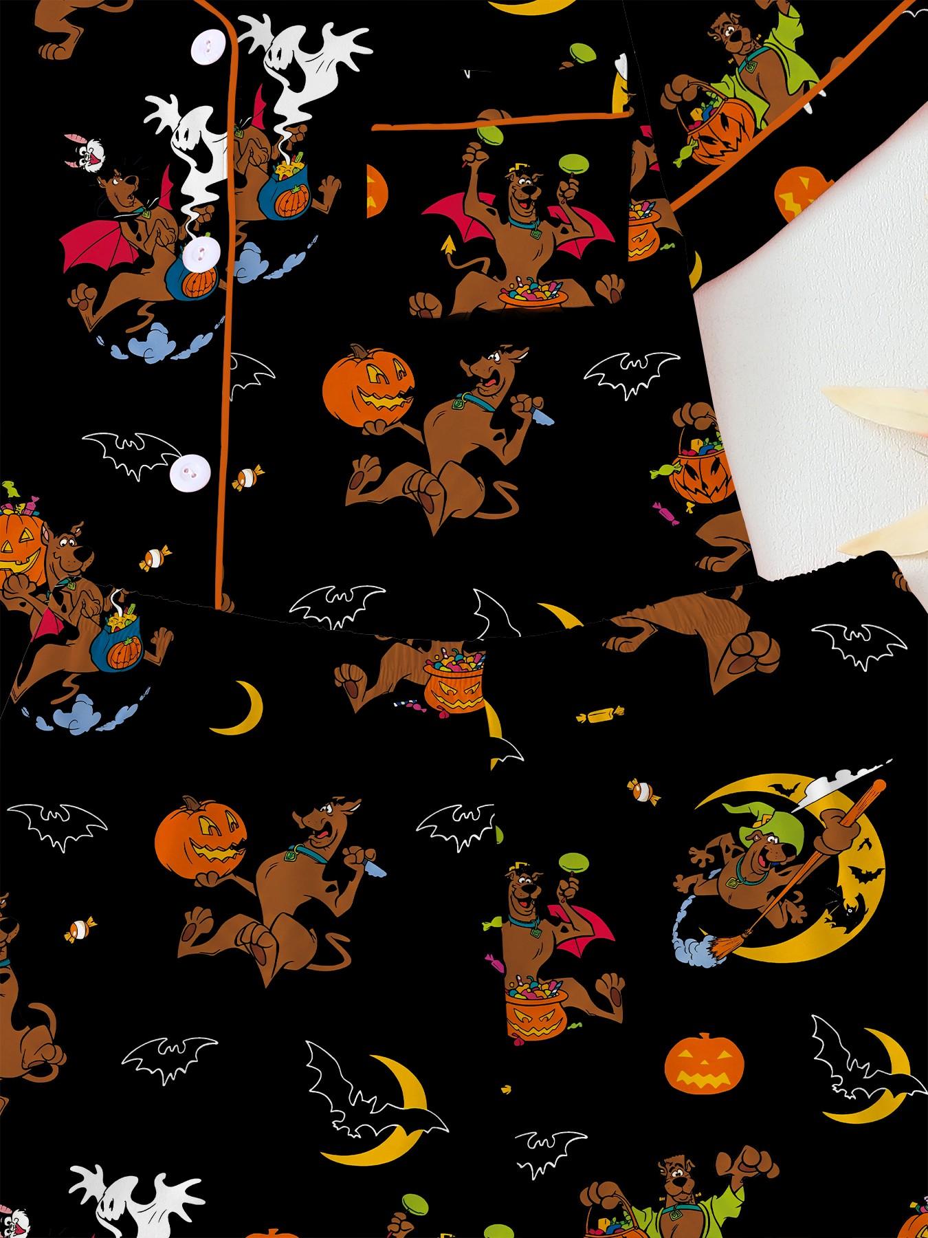 Halloween Dog Print Pajama Set for Teens, Soft Breathable Short Sleeve Top & Shorts, Casual Loose-Fitting Sleepwear, Fun Gift Idea
