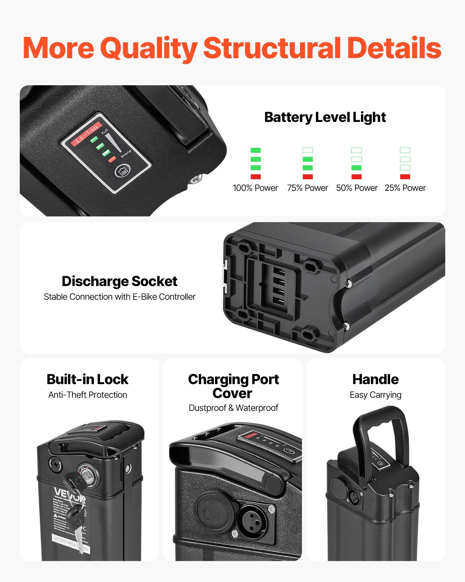 VEVOR Ebike Battery, 48V 15.6Ah Electric Bike Lithium Battery Pack with BMS, 3A Charger and Lock for 1000W E-Bike Motor, Detachable Electric Bicycle Replacement Kit with Indicator & Discharge Socket