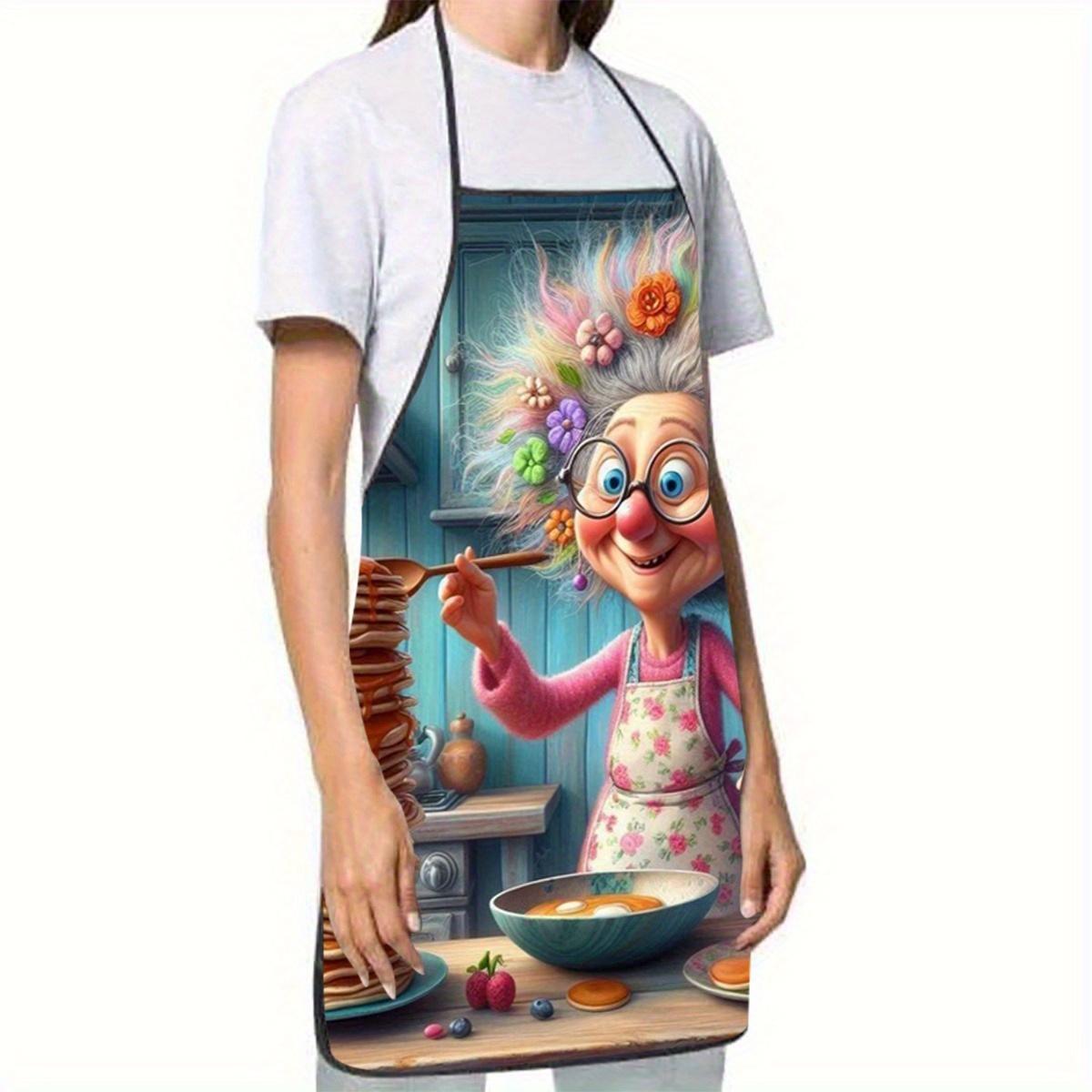 1pc Whimsical Grandma Stacking Pancakes Print Polyester Apron - Durable Unisex Kitchen Baking Coffee Work Apron with Floral Accents, Comfortable for Home & Cafe Use, Playful Kitchenwear