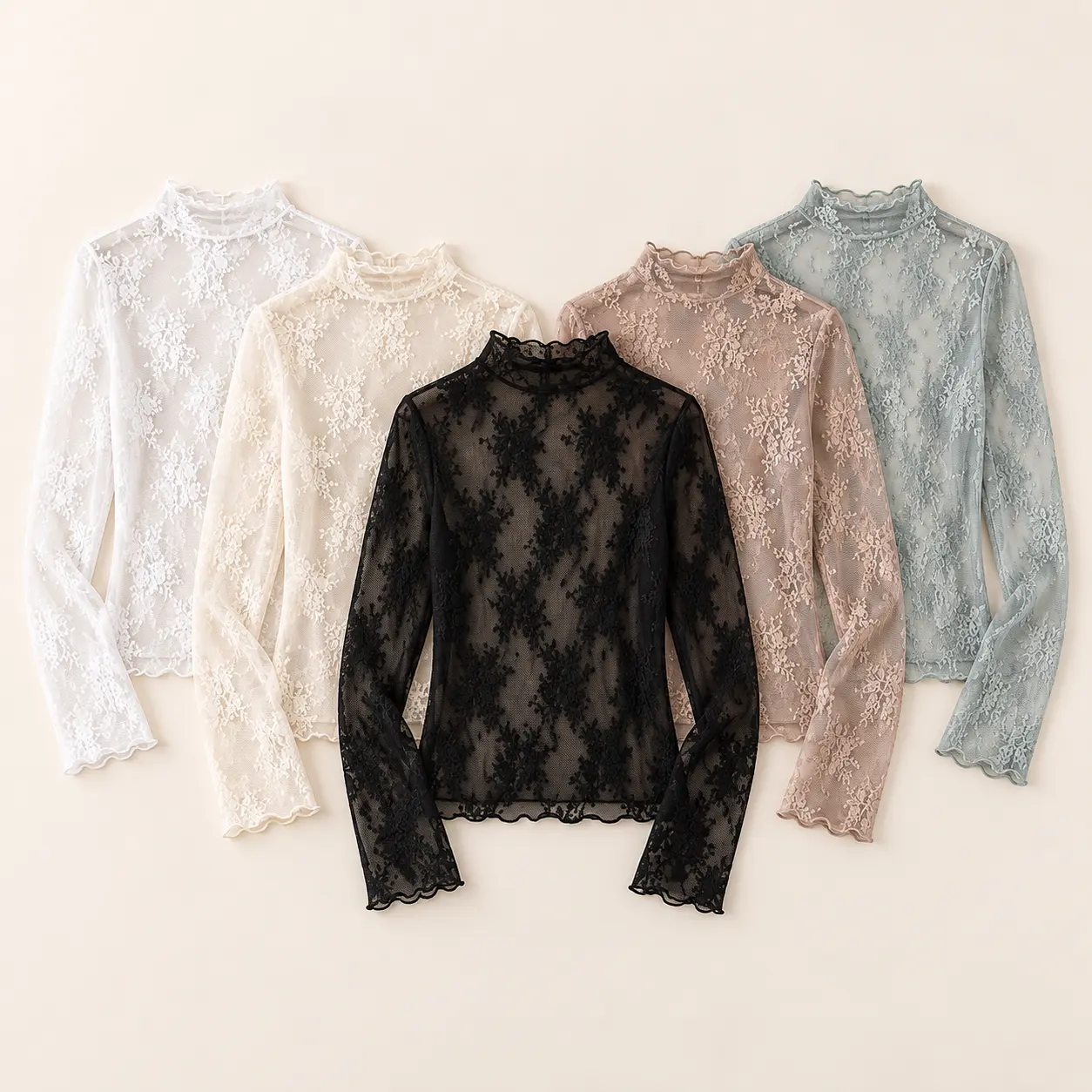 Women's 5-Pack 2026 New Elegant Floral Lace Mesh Long-Sleeve Tight-Fit Innerwear Top - Stretchy Fabric, Soft Breathable Lightweight, Spring-Autumn Casual Layering, US-Designed Sports & Outdoor Essential, Back to School Gift