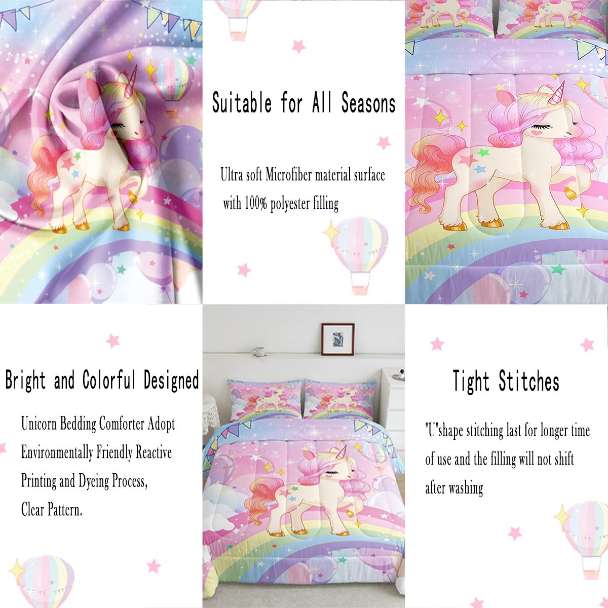 Unicorn Comforter Set,Rainbow Cartoon Unicorn Bedding Set,Pink Kawaii Cute Reversible Stars Comforter,Cozy Soft All Season Duvet Set with Pillowcase Colorful Fuzzy Blanket Lightweight Blanket