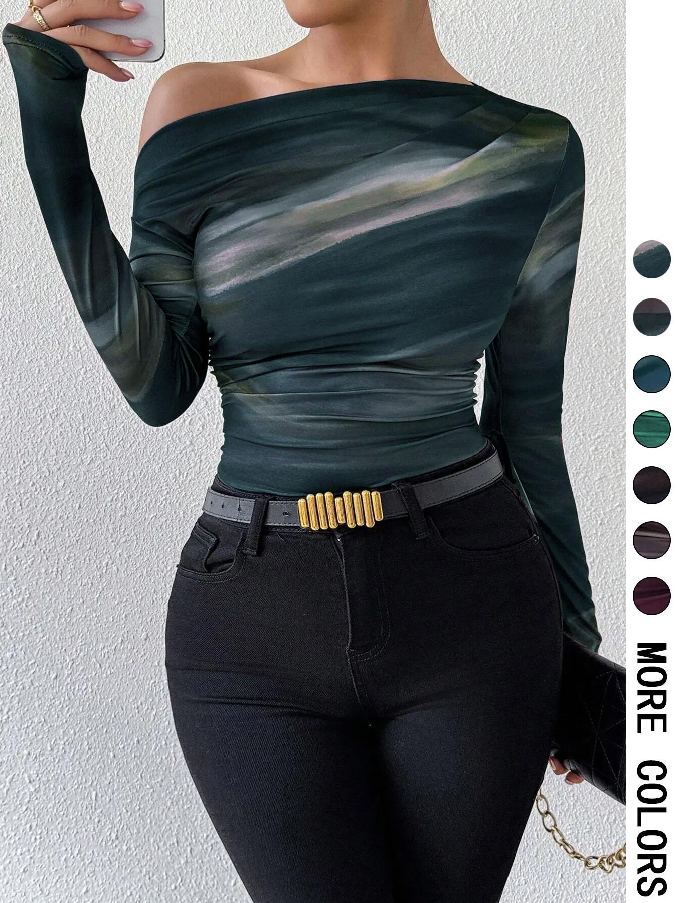 Women's Marble Print Ruched Asymmetrical Neck Tee, Casual Long Sleeve T-Shirt for Spring & Fall, Women's Clothing for Daily Wear