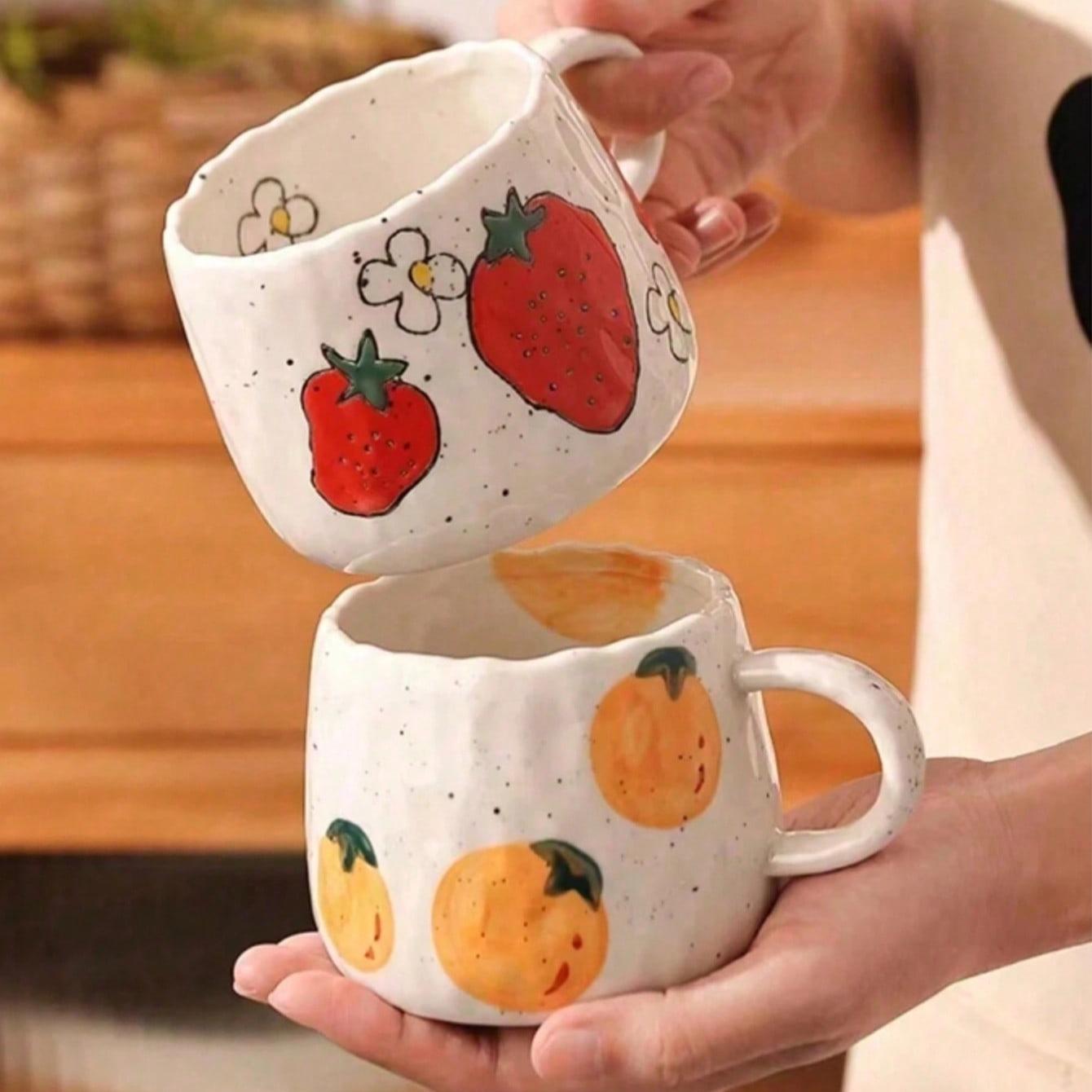 Hand-Drawn Fruit Pattern Ceramic Coffee Mug, Perfect Gift for Home Office Activities Christmas Birthdays, Unique Artistic Design, Ceramic Mugs