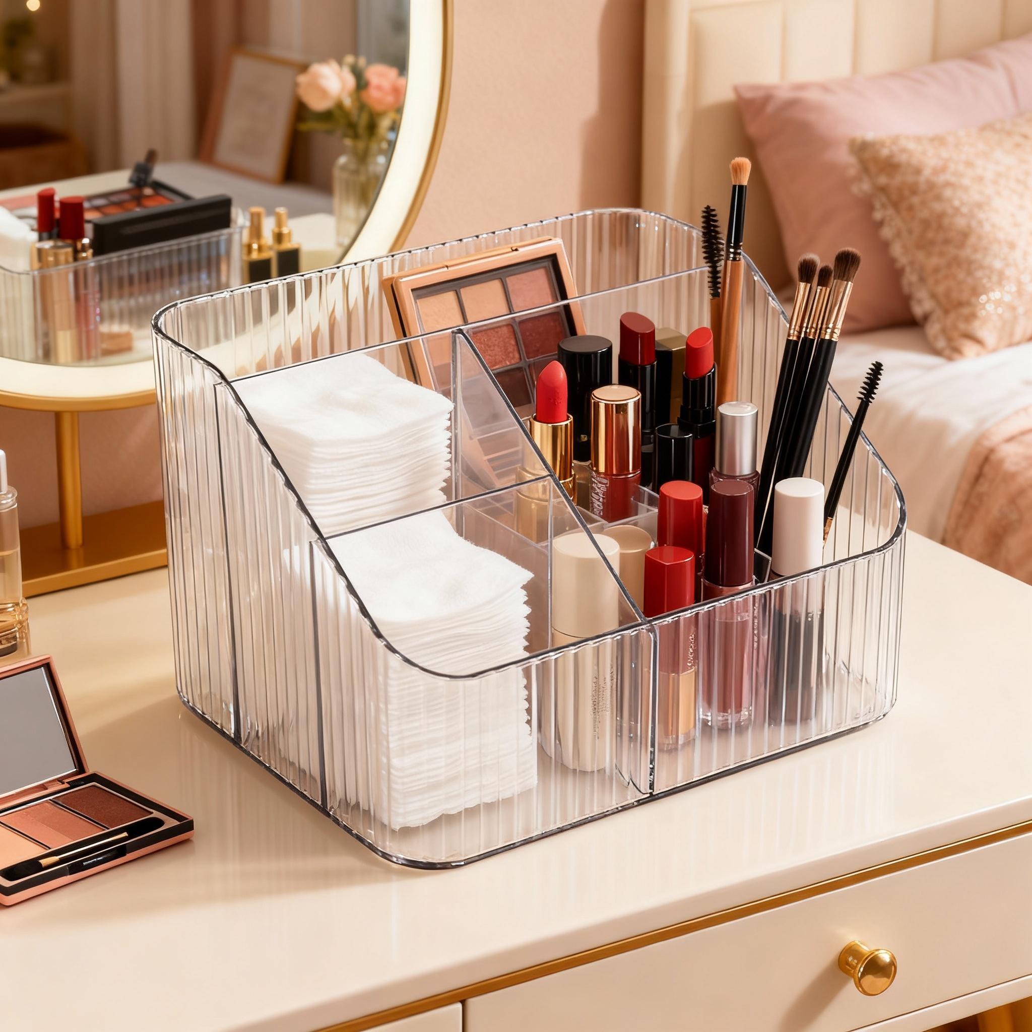 Four-Compartment Storage Box, Stationery Organizer, File Holder, Cosmetic & Skincare Container, Ideal for Office, Bedroom, Living Room