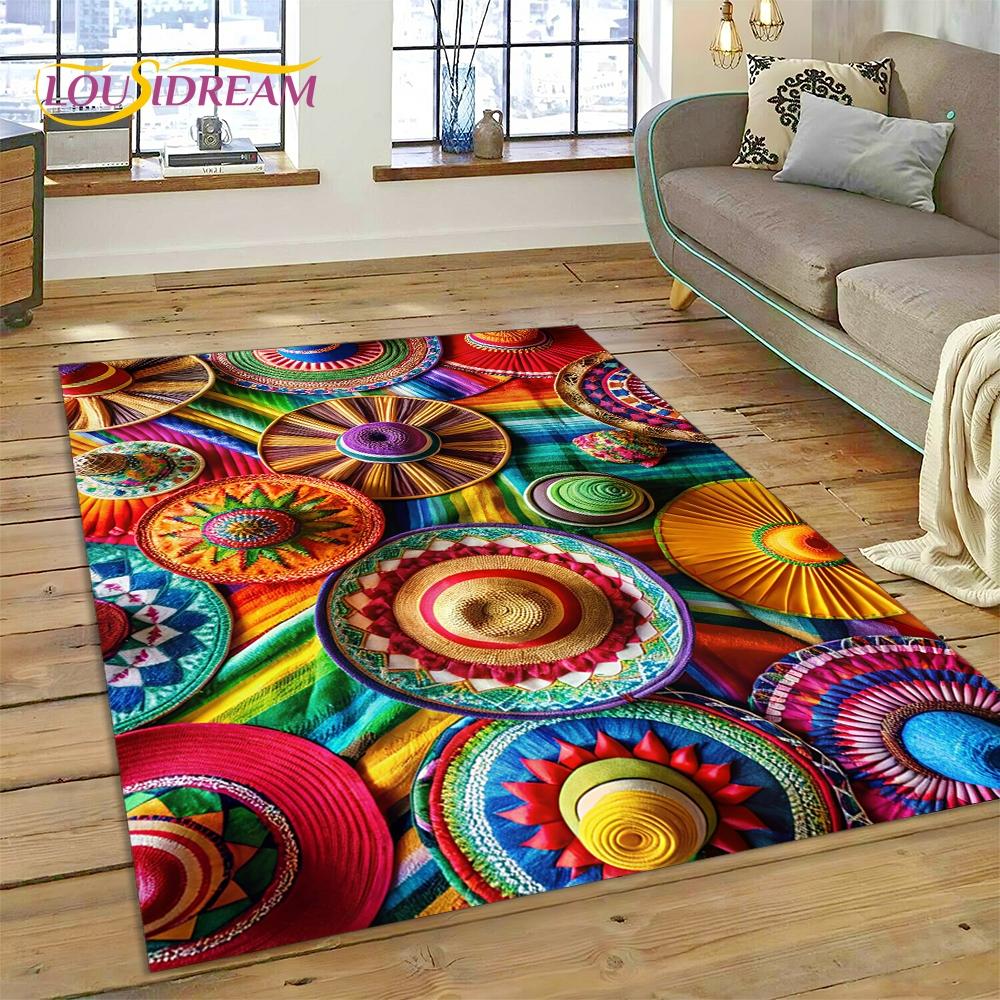 Colorful Crochet Mandala Flannel Area Rug - Boho Ethnic Woven Pattern Print Soft Mat for Living Room, Non-Slip Bohemian Home Decor #BohoMandalaRug #ColorfulCrochetMat #EthnicHomeDecor #2DWovenCarpet #NonSlipFlannelRug