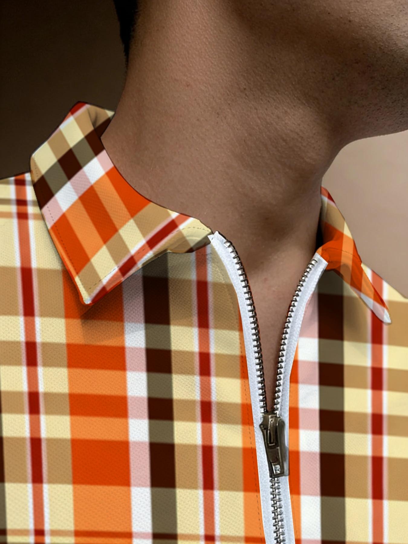 Orange Plaid Short Sleeve Polo Shirt, Men's Casual Business Top, Summer Breathable Fashion