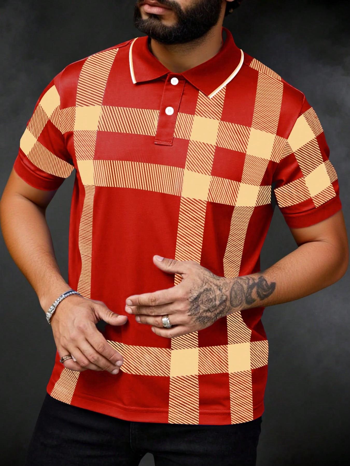 Vintage Plaid Polo Shirt Men Khaki Checkered Short Sleeve Tees Old Money Aesthetic Classic Casual Streetwear Muscle Fit Summer Daily Date Night Outfits