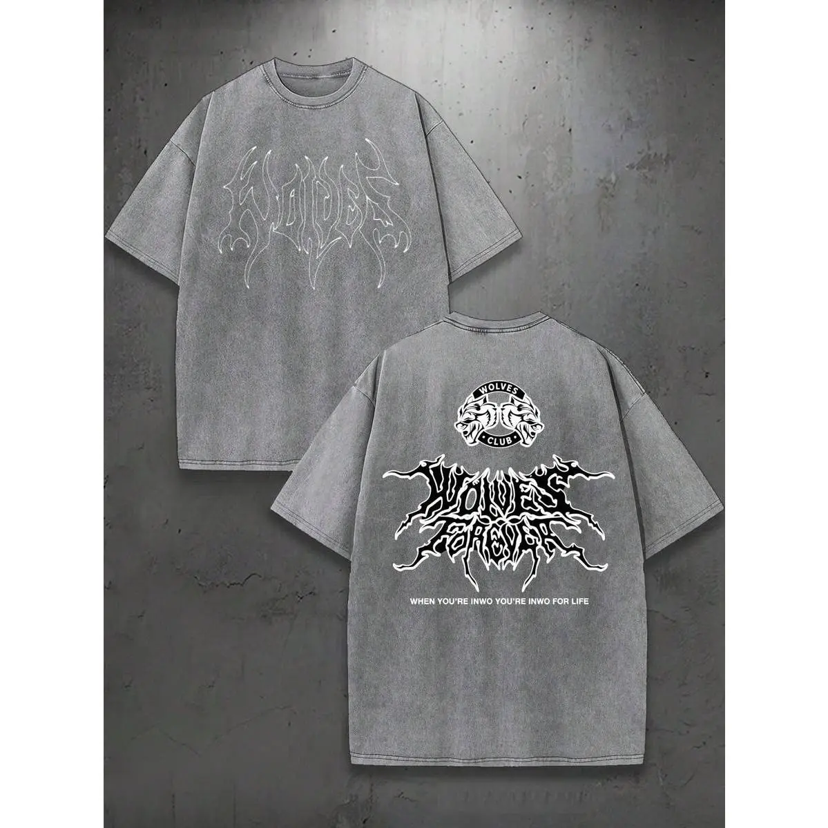 Vintage Washed Brown Wolves Forever Double Sided Graphic T-Shirt, Unisex Crew Neck Short Sleeve Dark Metal Streetwear Tee, Gothic Wolf Logo Casual Top, Breathable Shirt for Skate, Outdoor & Urban Street Style