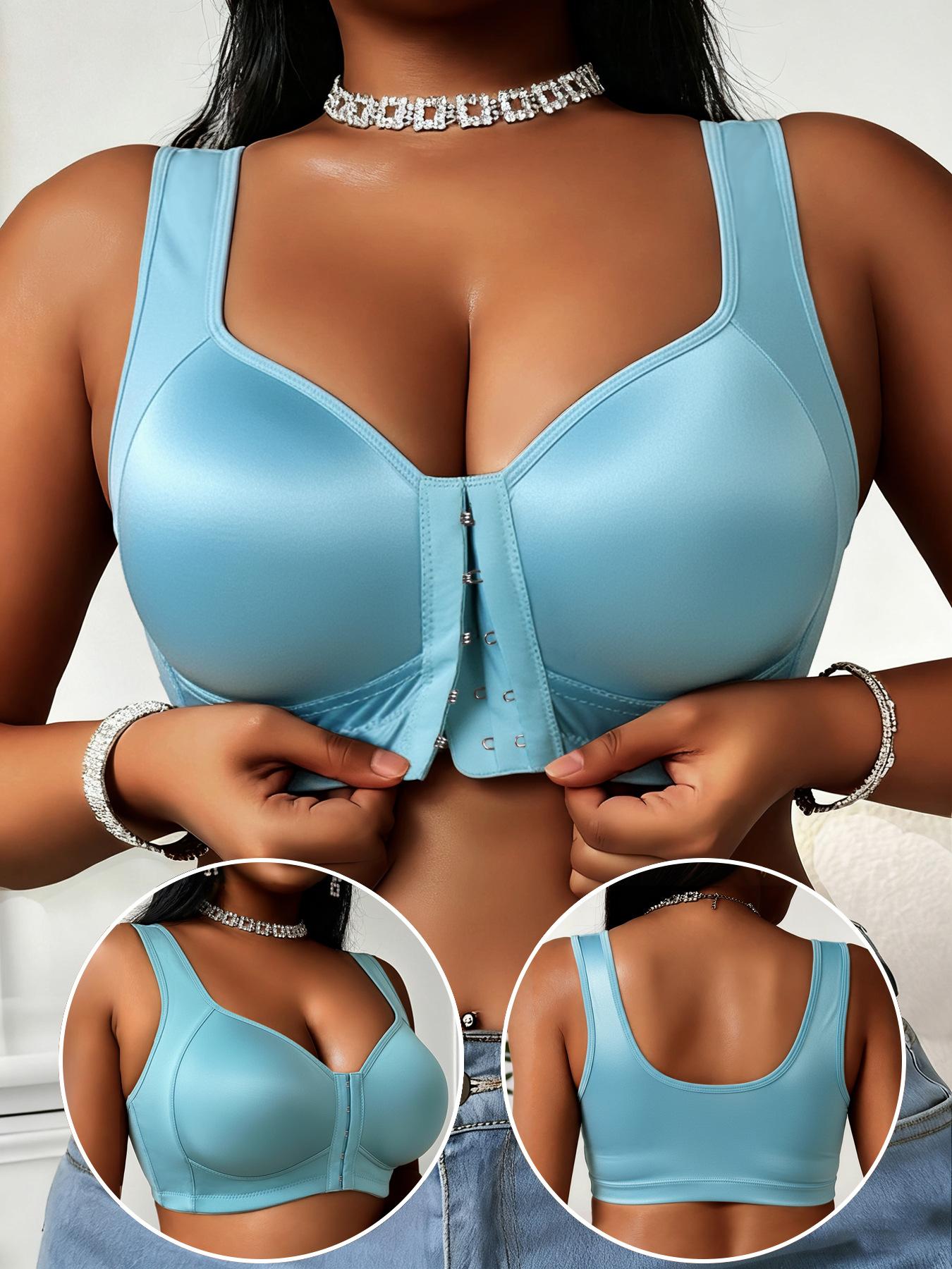 Women's Front Snap Closure Sports Bra, No Underwire Gathered Lift Anti-Sag Plus Size Bras, Smooth Fabric Comfortable Support
