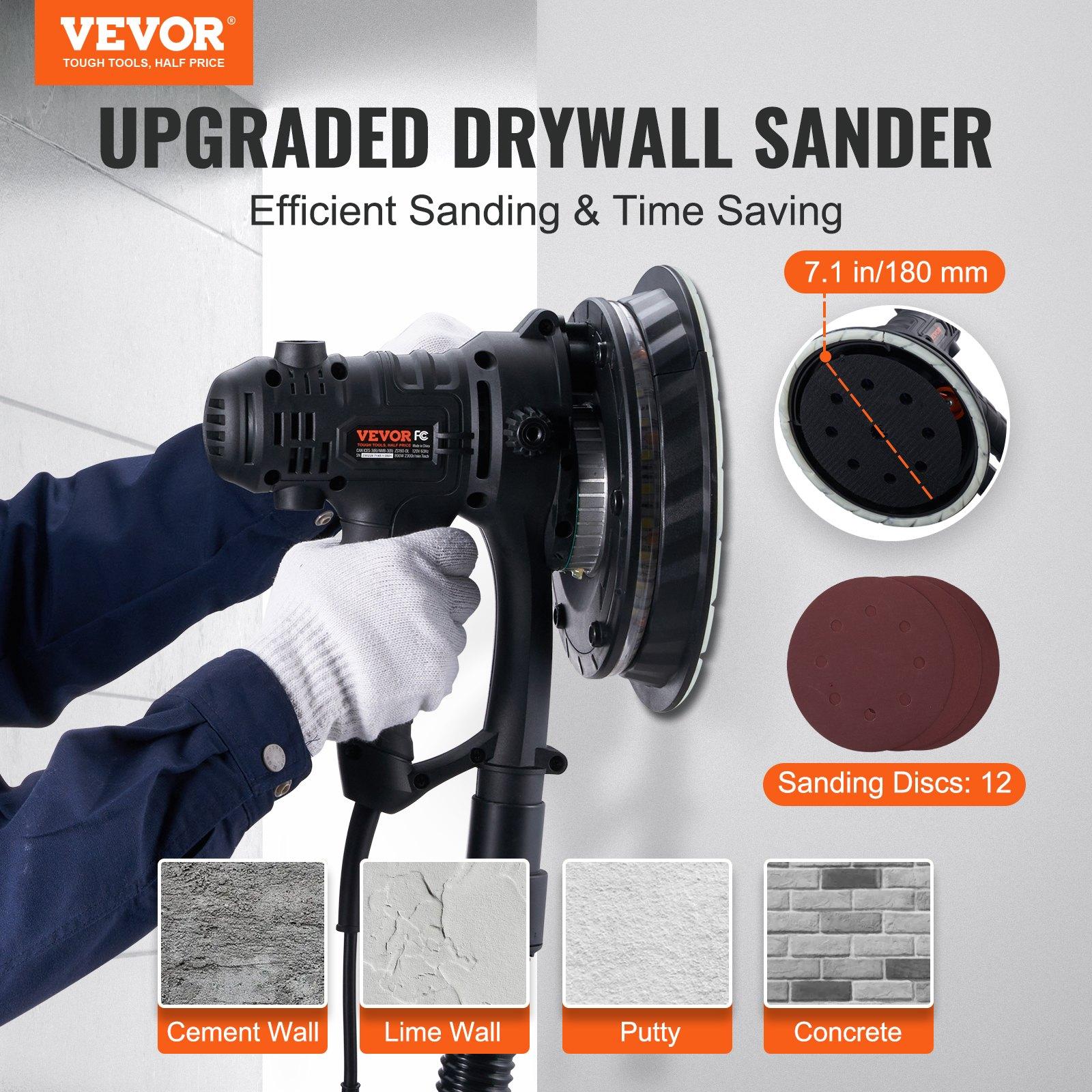 Vevor 800W Electric Drywall Sander with 12 Sanding Discs, Variable Speed 1200-2300 RPM, Automatic Dust Collection, Double LED Lights, Dust Bag, Detachable Edge
