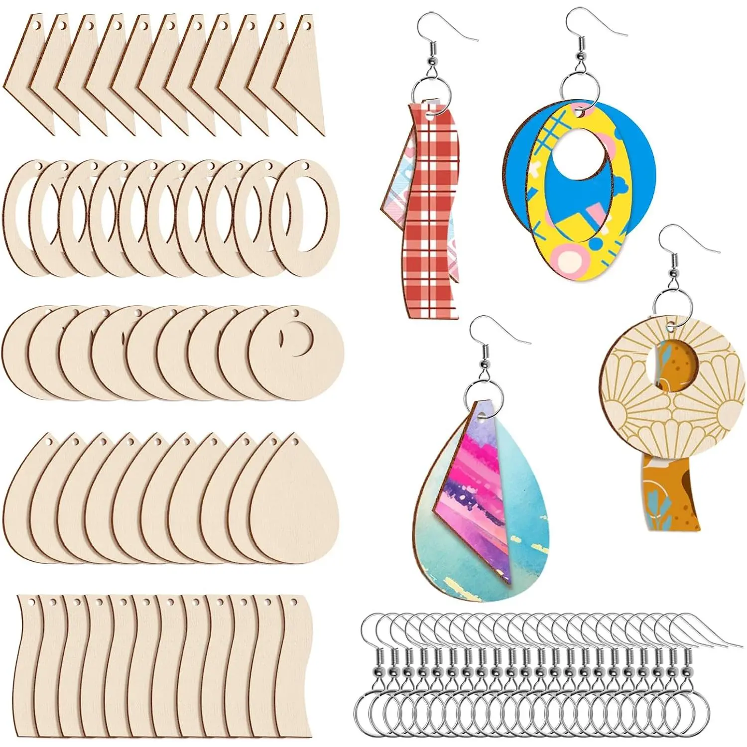 300 count Unfinished Wooden Earrings Blanks for Earring Pieces 5 Shapes  Pendants with 100 count Earring Hooks and 100 count Jump Rings for DIY Craft  Making