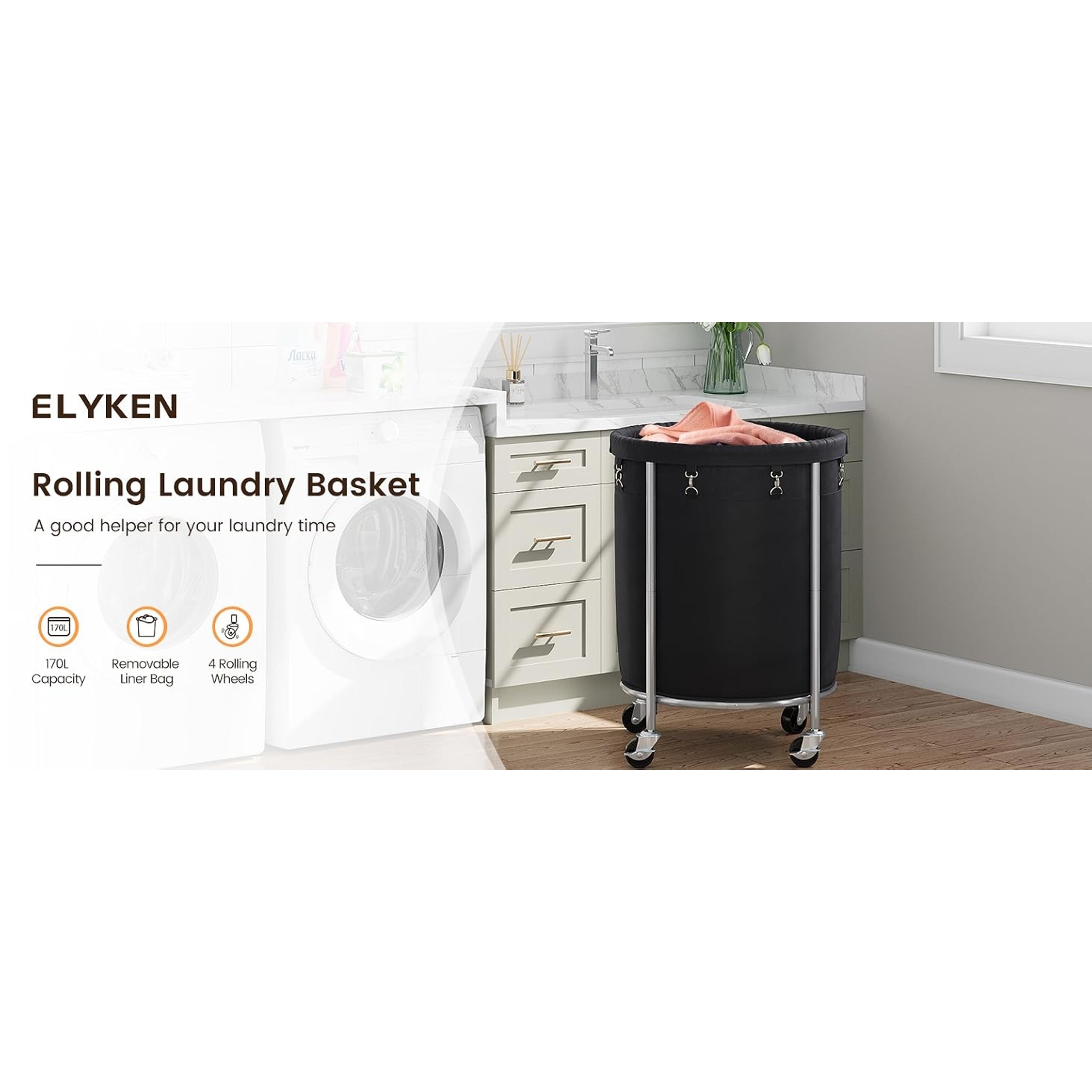 190L Laundry Basket with Wheels, Large Rolling Laundry Hamper with Removable Liner Bag, Round Rolling Laundry Cart, Dirty Clothes Hamper for Hotel, Home, Closet, Dorm, Black