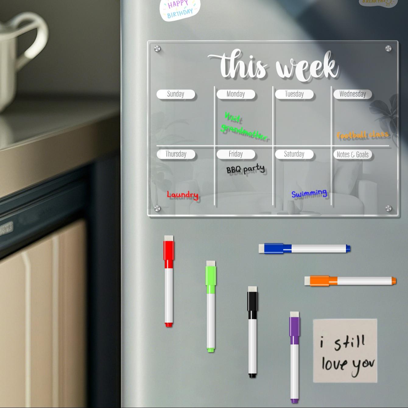 Transparent Acrylic Magnetic Refrigerator Fridge Calendar Magnetic Weekly Planner Board, Erasable Schedule Organizer, Home Memo Board with Multicolor Pens, Includes 6 Magnetic Whiteboard Pens