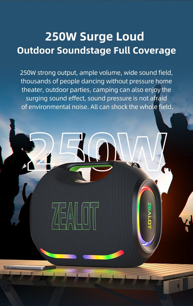 250【ZEALOT】Portable wireless speaker high ,fidelity sound and audio, desktop Bluetooth speaker surround sound, TWS pairing, 48000 long battery life, supports USB/TF card/AUX/BT smartphones. Ideal choice for family/car/party/camping/gift giving