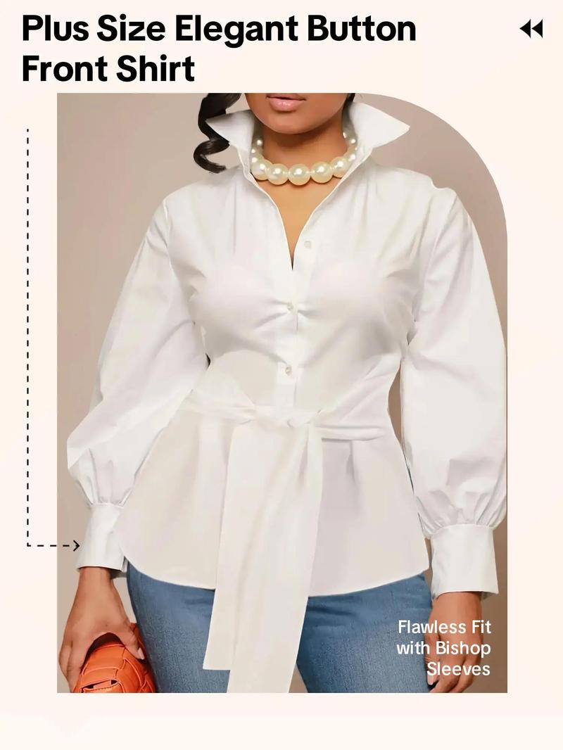 【Plus Size】 Solid Belted Button Front Shirt Blouse, Elegant Bishop Sleeve Collared Top for Women, Women's Clothing for Fall & Winter, Womenswear