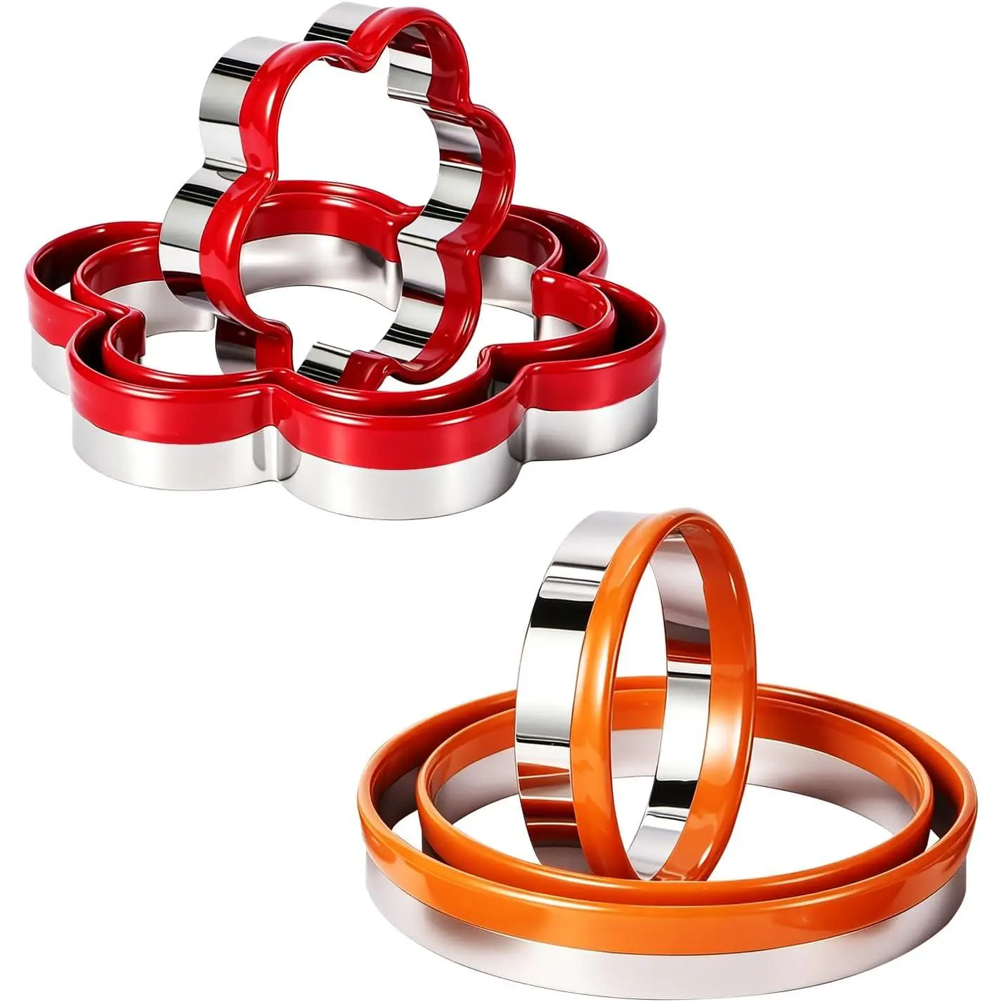 6 count Professional Stainless Steel Cookie Cutters Set Soft PVC Coated, Flower and Round Shapes Biscuit   for Making Sandwich, Cake, Fried Egg, Doughnut Baking Tools for Dough