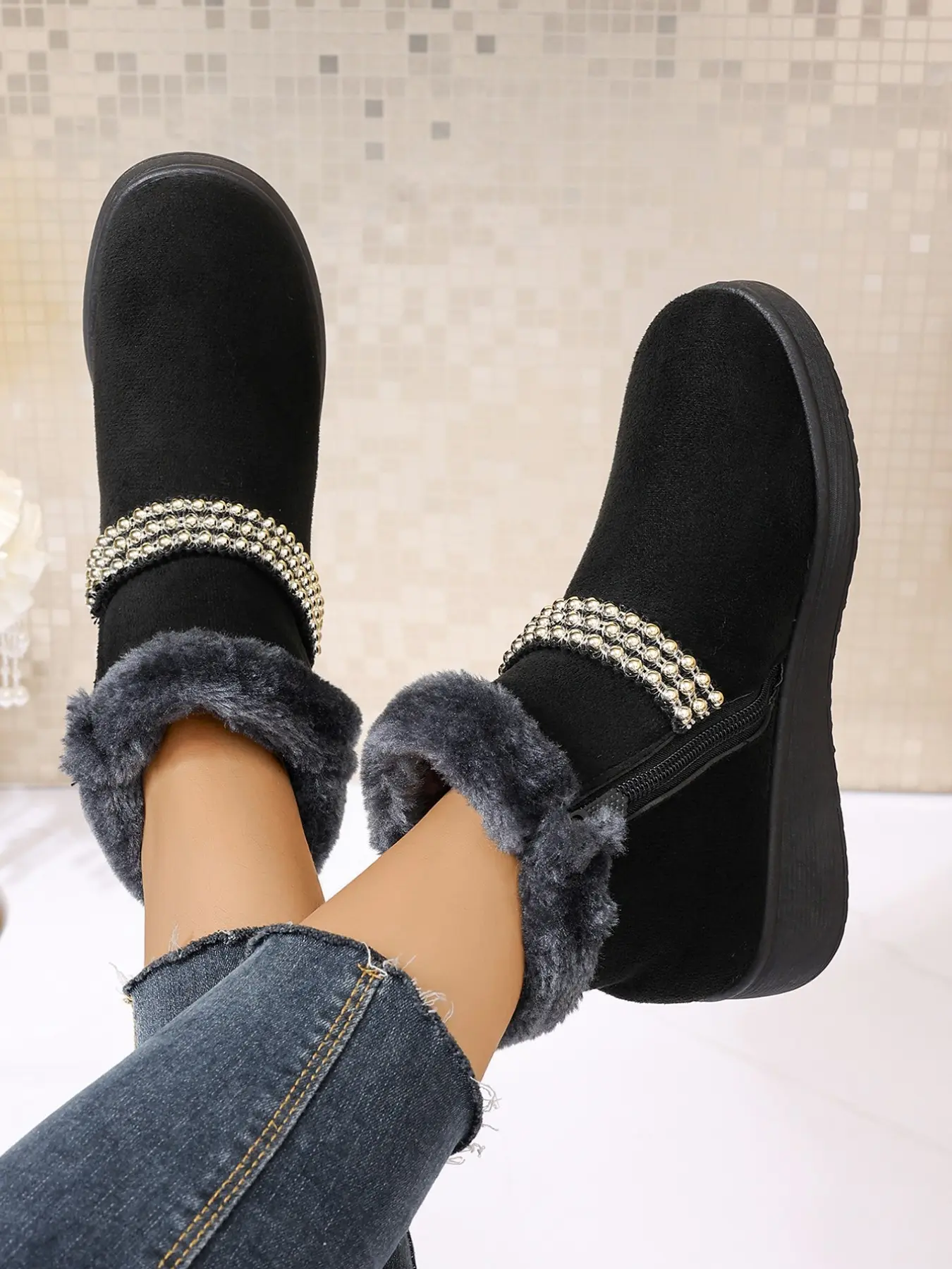Winter New Retro Rhinestone Buckle Wedge Snow Boots, Faux Fur Trim Short Boots, Casual Comfortable Outerwear, Side Zip Warm Cotton Shoes