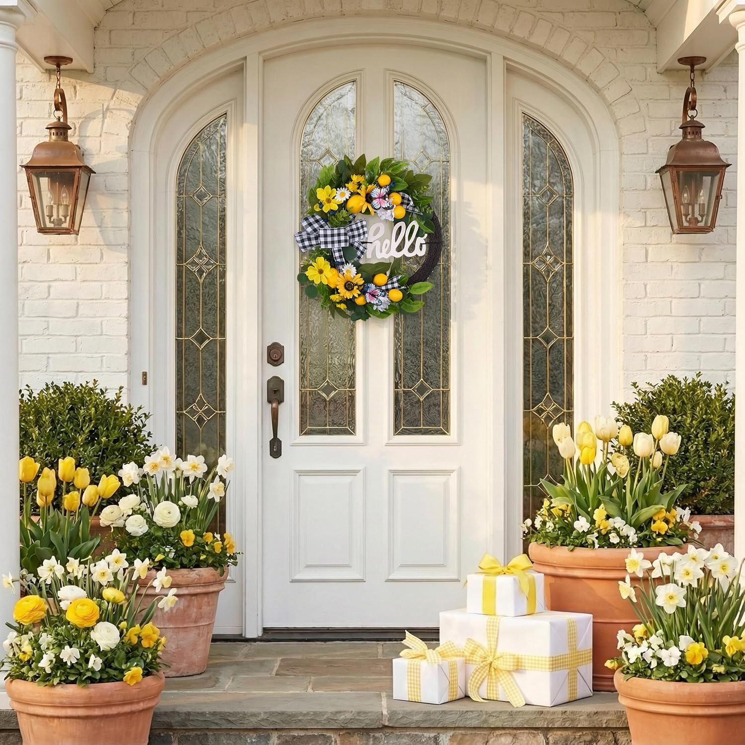 24'’ Collapsible Pre-lit Spring Summer Lemon Wreath for Front Door, Lighted Yellow Sunflower Wreaths with Hello Sign & Ribbon, Farmhouse Home Porch Wall Kitchen Amalfi Coast Decor