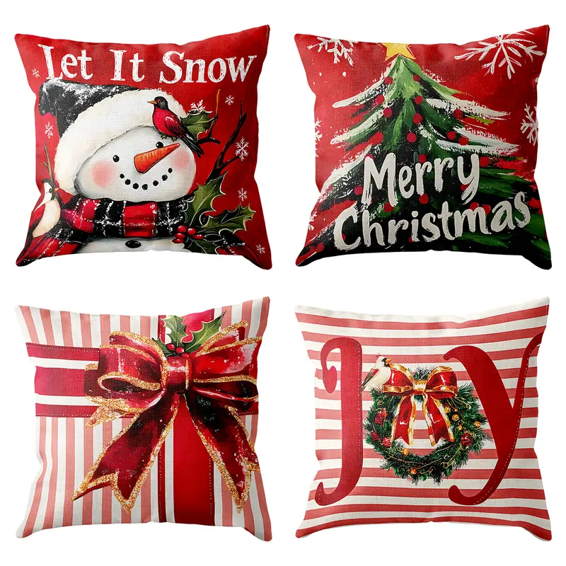 4pcs Set of 18x18 Inch Christmas Throw Pillow Covers,  Winter Holiday Cushion Case Decoration, Snowman Christmas tree Designs, ZipperClosure,Linen,Peach Skin, Merry Christmas Decor 2026 for Home, Couch, Sofa, Living Room – No Inserts Included