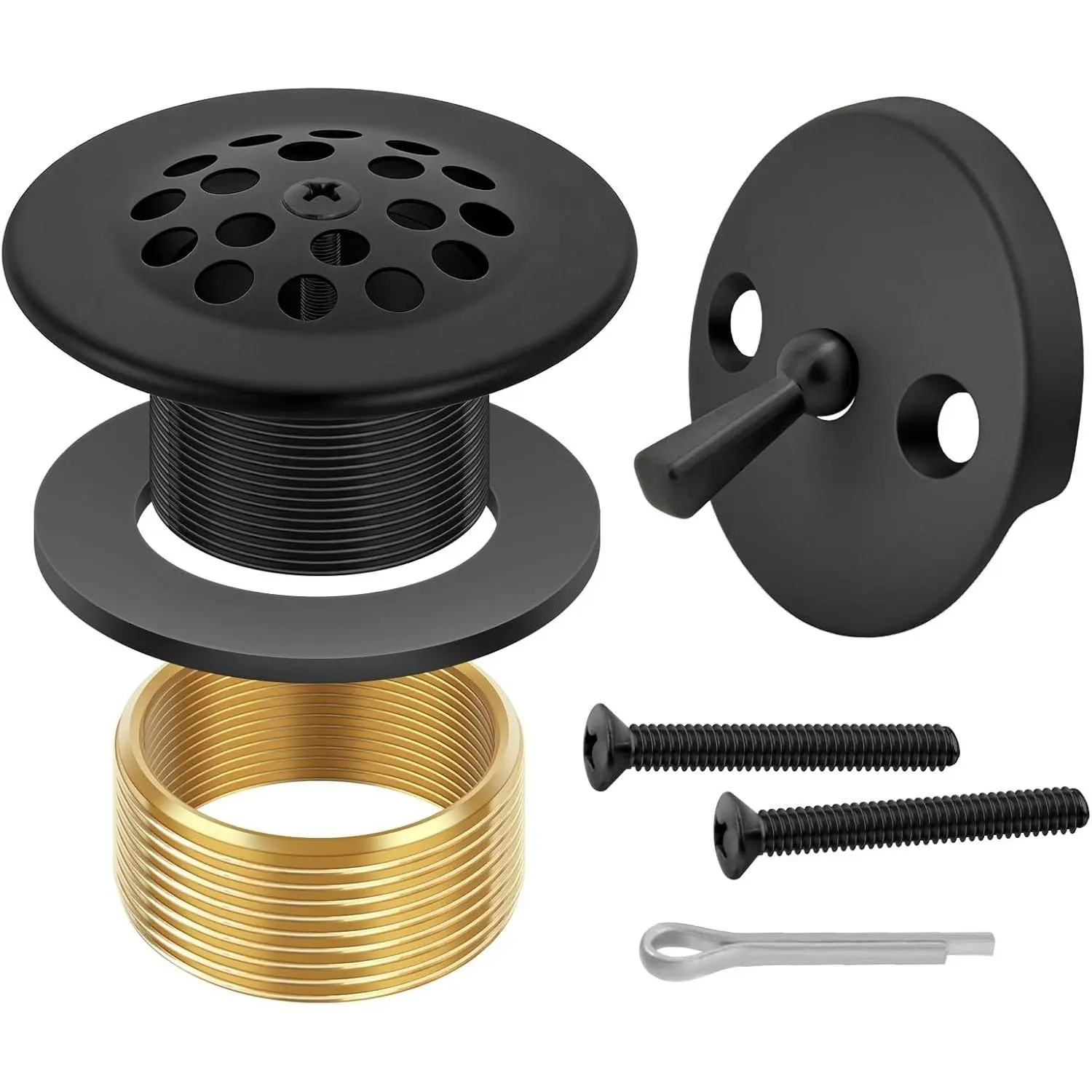 Matte Black Trip Lever Bathtub Drain Tub Trim Set with Trip Lever Overflow Face Plate and Strainer Bathroom Tub Drains Replacement Conversion Tub Drain Kit Assembly with Universal Fine & Coarse Thread