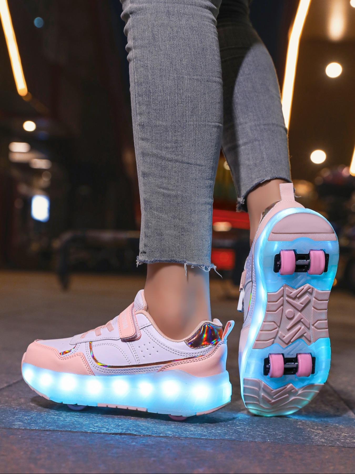 LED Light-Up Roller Skates, PU Leather Four-Wheel Inline Skates, USB Rechargeable, Detachable Wheels, All-Season Casual Shoes, Skating Shoes