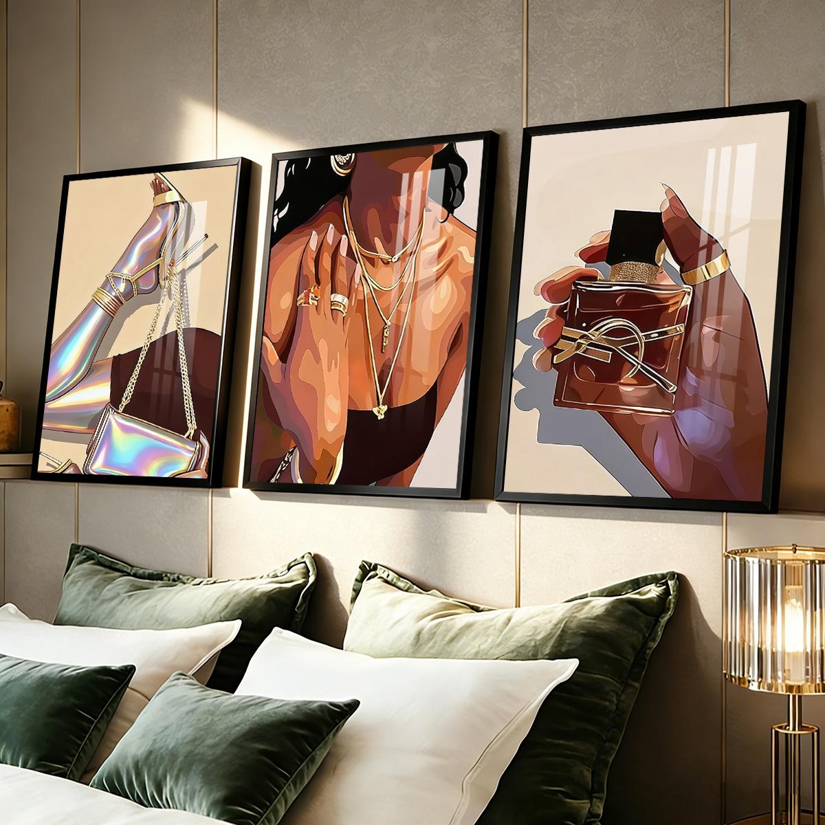 3 Counts Aluminum Alloy Framed Painting, Fashion Woman With Gold Jewelry And Perfume Art Pictures, Home Decoration For Living Room, Bedroom, Office, Restaurant, Hallway Wall Decor, Odorless Print Artwork, Luxury Perfect Gift For Friends And Family