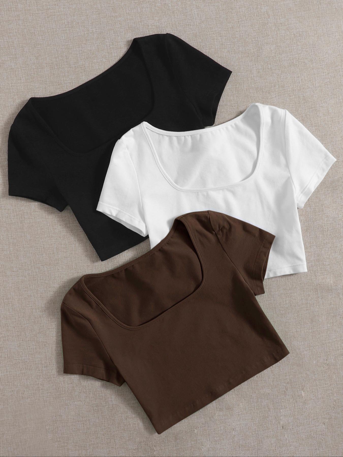 Women's Square Neck Short Sleeve T-Shirt, Sexy Slim Fit Graphic Top, Casual Commuter Daily Wear, Summer, Home Relaxation, Gym Workout