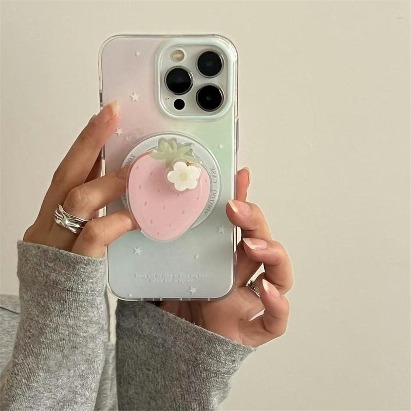 Korean Strawberry Circular MagSafe Griptok Cell Phone Holder - Rotatable Ring Stand, MagSafe Attachment, Mobile Accessory for iPhone 15 Wireless Charging Case