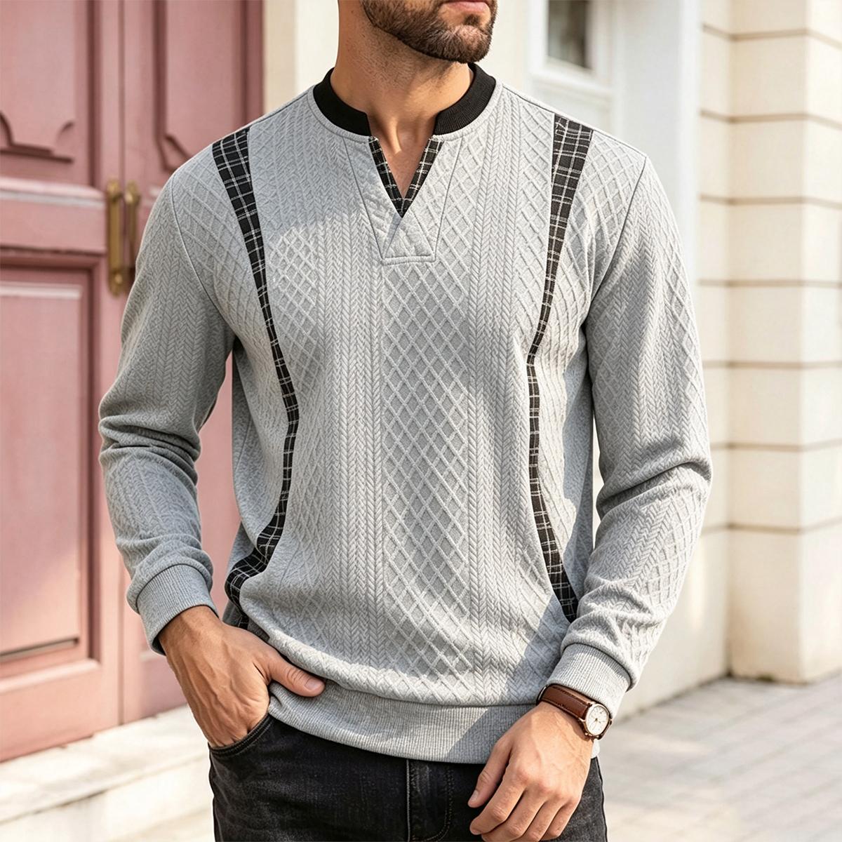 Men's Long Sleeve Crewneck Pullover & V-Neck Top - Polyester, Diamond-Patterned, Plaid-Spliced, Retro Color-Block, Striped, Contrast Stripes, Foldable Casual Autumn Winter Streetwear Sweatshirt