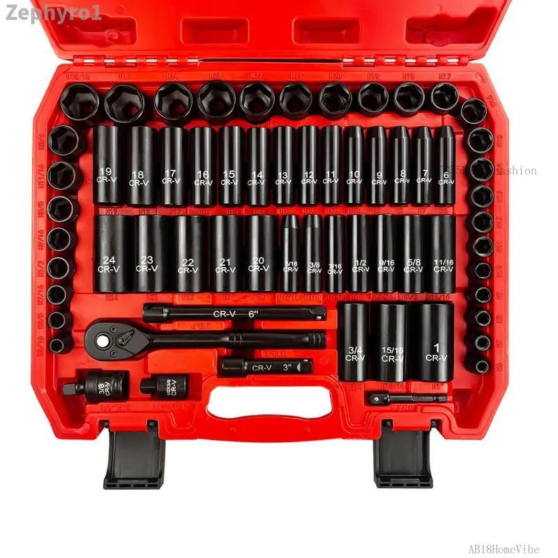 64pcs Impact Sockets Set - 3/8" Size Drive Socket Wrench Tool, SAE/Metric (6-24mm, 5/16-1 Inch), Deep/Shallow Cr-V Steel 6 Point with Adapters, 72T Ratchet, Extension Bars, Bit Adapter - ZephyroAB18HomeVibe, Rachet SetCC55DouceFashion