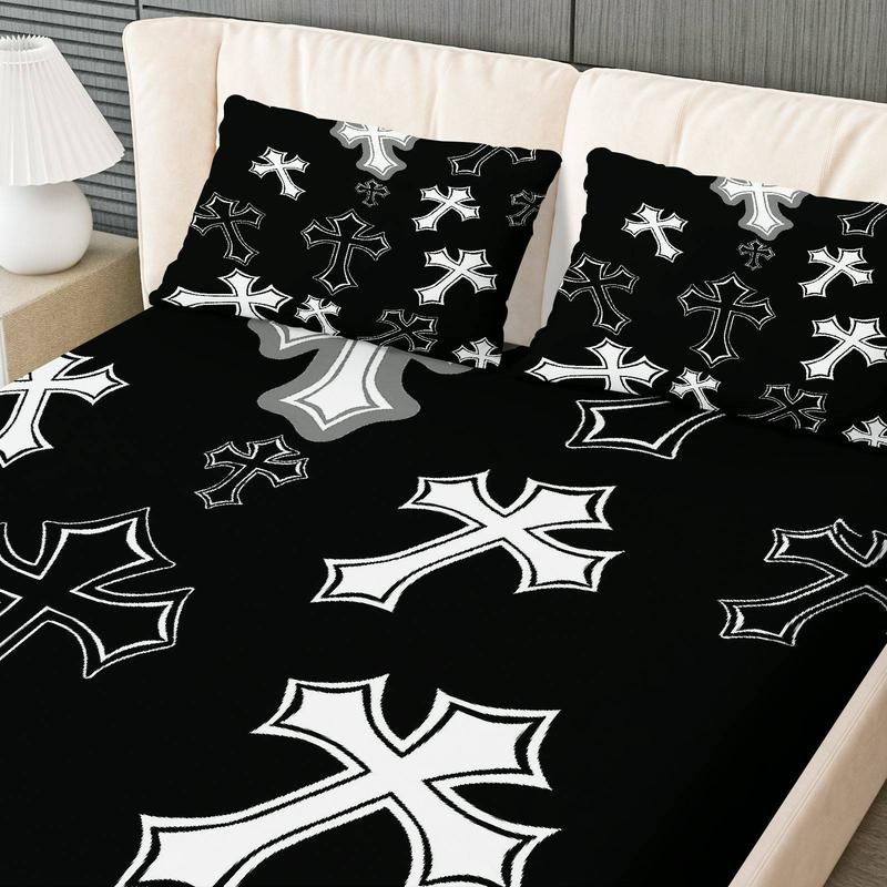 3Pcs Gothic Cross Black Fitted Sheet Three Piece Set (1*Fitted Sheet+2*Pillowcases, Coreless), Halloween theme, Cross Pattern Bedding Set, Mattress Protector Soft, Breathable