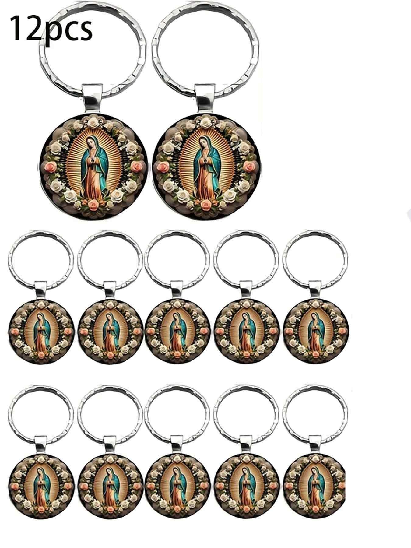12 Sets Alloy Religious Round Glass Keychain, Includes 12 Organza and 12 Cards, Perfect Gift for Friends, Party, Birthday, Souvenir