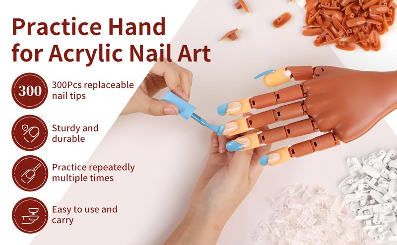 Nail Practice Hand for Acrylic Nails: Flexible Nail Hand Practice Model - Realistic Nail Training Hand Manicure Kit for Beginners Salon Home with False Nails 100 Pcs