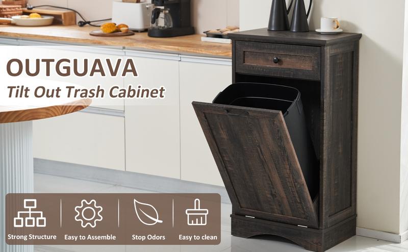 【Does Not Include Trash Can】AHB 13 Gallon Tilt Out Trash Cabinet Kitchen Waste Bins, Laundry Hamper Tilt Out Pet Proof Hidden Trash Bin for Kitchen Living Room, Rustic Black