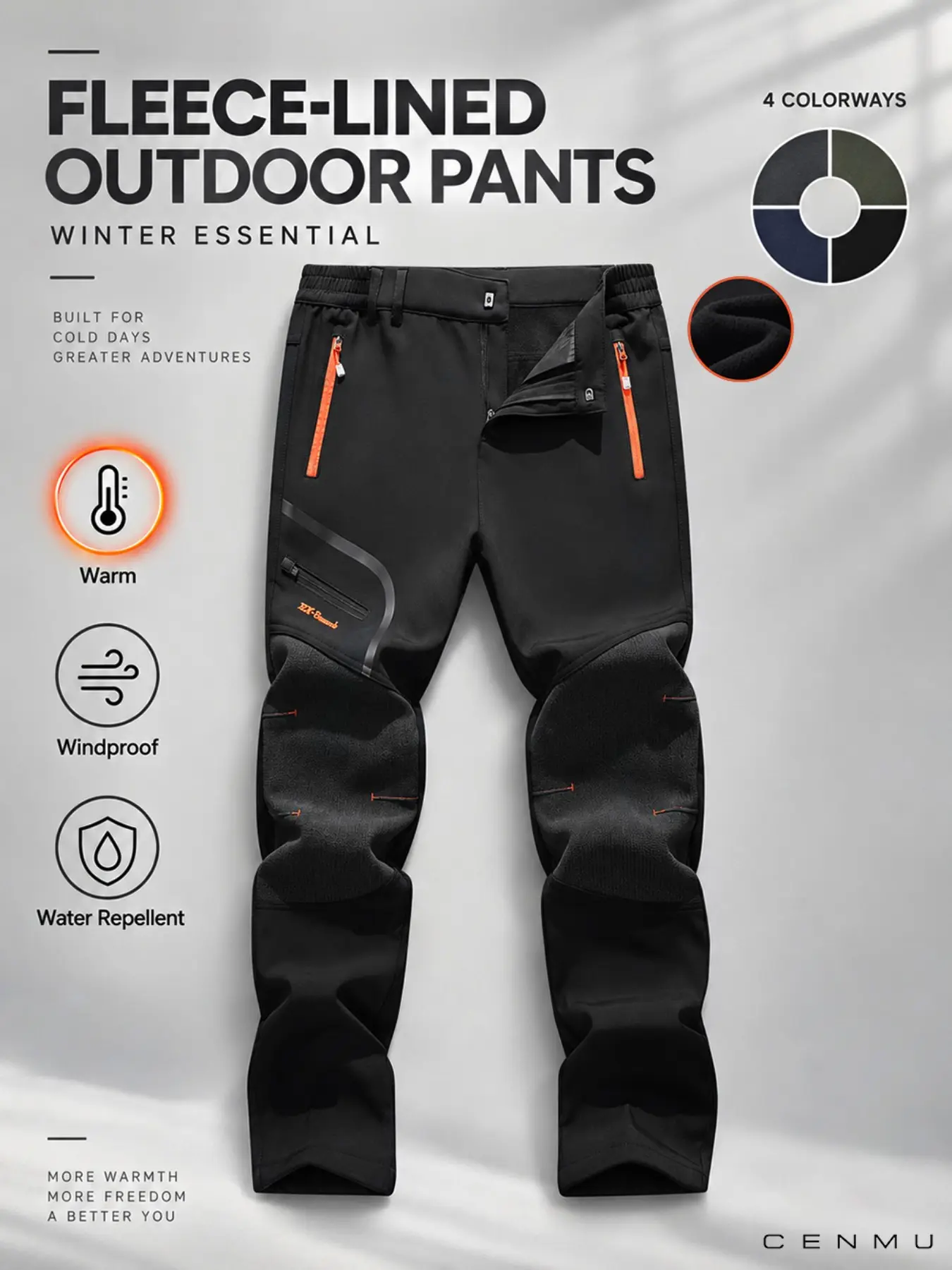 CENMU Men's Trousers Stretch Outdoor Tactical Pants with Zipper Pockets Water Repellent Fleece Lined Hiking Pants Warm Softshell Thermal Cargo for Camping Travel Daily Commute