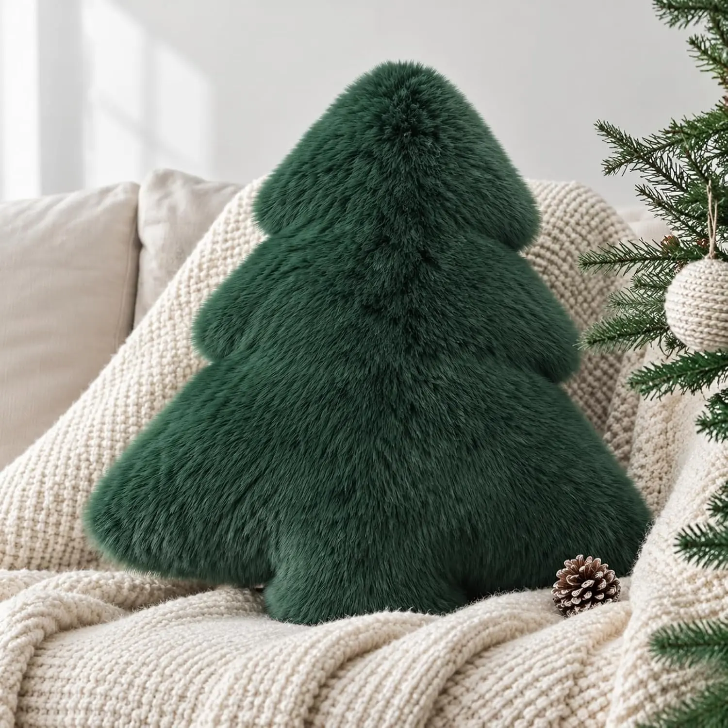 Green Christmas Tree Throw Pillow, Soft Fuzzy, 12 x 16 in