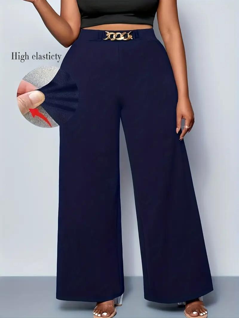 Women's Plus Size Wide Leg Pants, Fall Winter New Arrival, Belt Detail, Metal Chain Design, Casual Commuter Wear