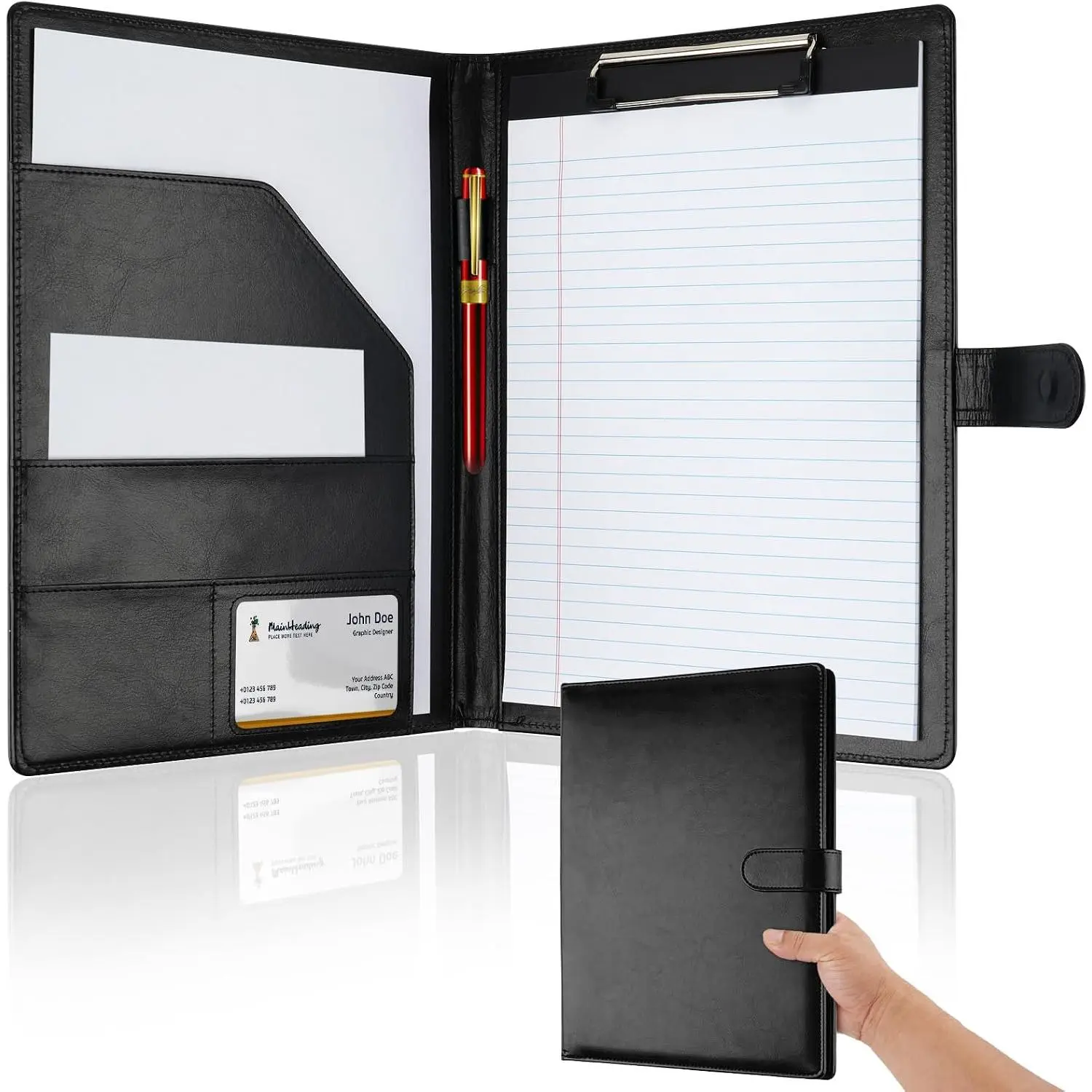 Professional Padfolio with Clipboard, Faux Leather Portfolio Folder Binder | Black Legal Pad Holder for A4 Letter Size Notepad, Resume, Notebook Cover Organizer for Business Office Conference