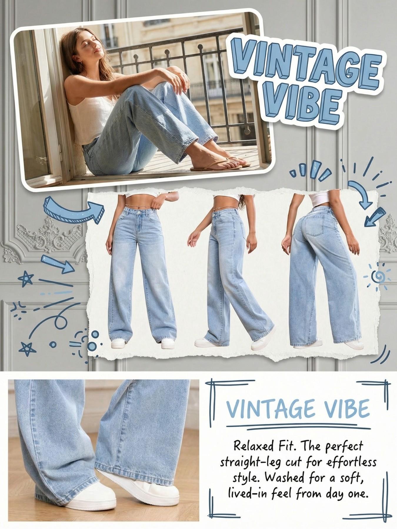 Teen Girls High Waisted Baggy Jeans, Summer Dark Washed Wide Leg Denim Jeans, Loose Straight Trousers 12-16y