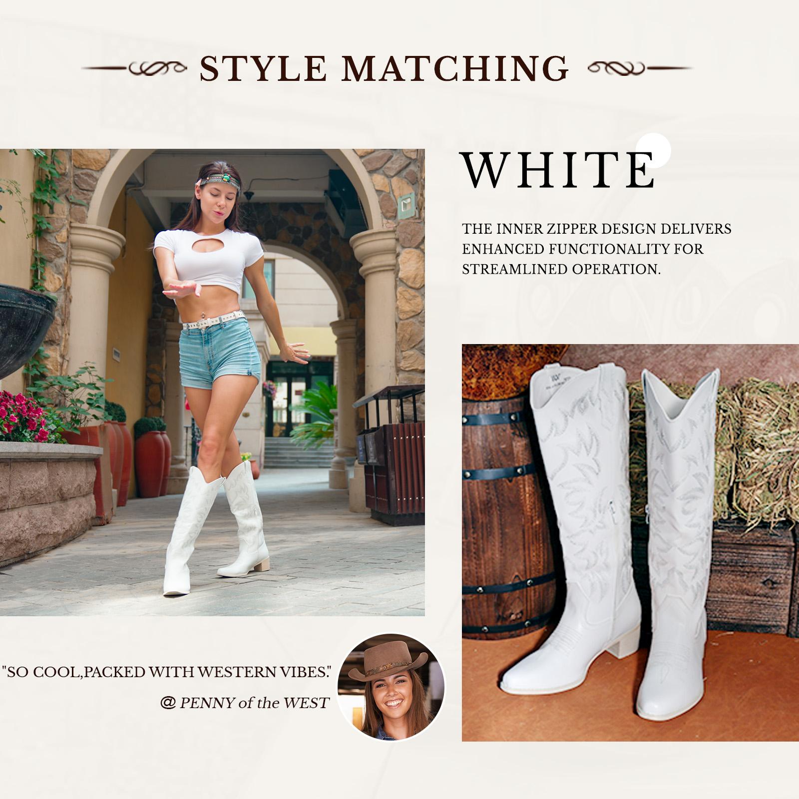 IUV Cowboy Boots For Women Knee High Boots Pointy Toe Women's Western Boots Side Zipper Chunky Heel Cowgirl Boots